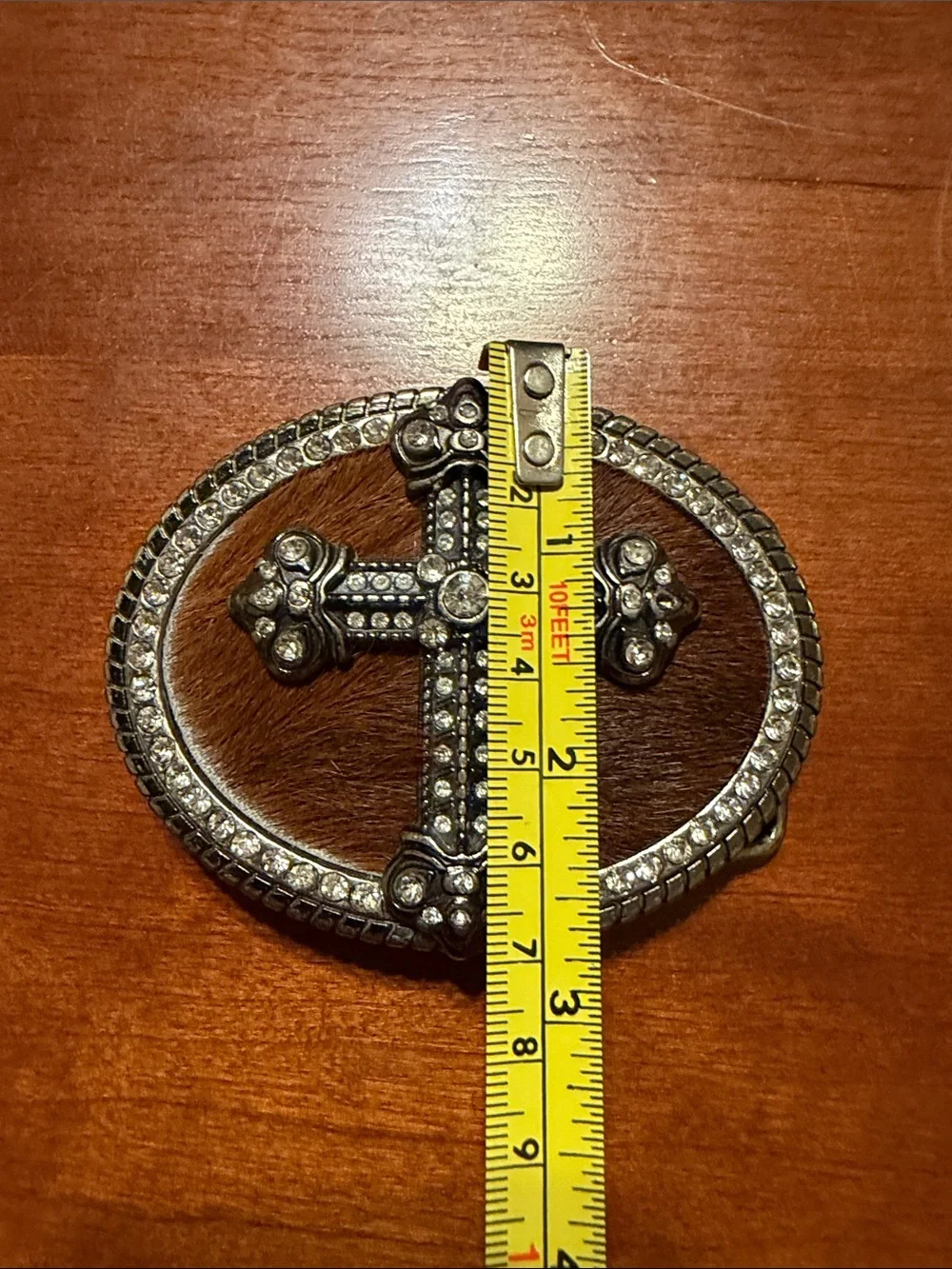 Rhinestone Cross Buckle Belt - Brown Fur with Silver Accents